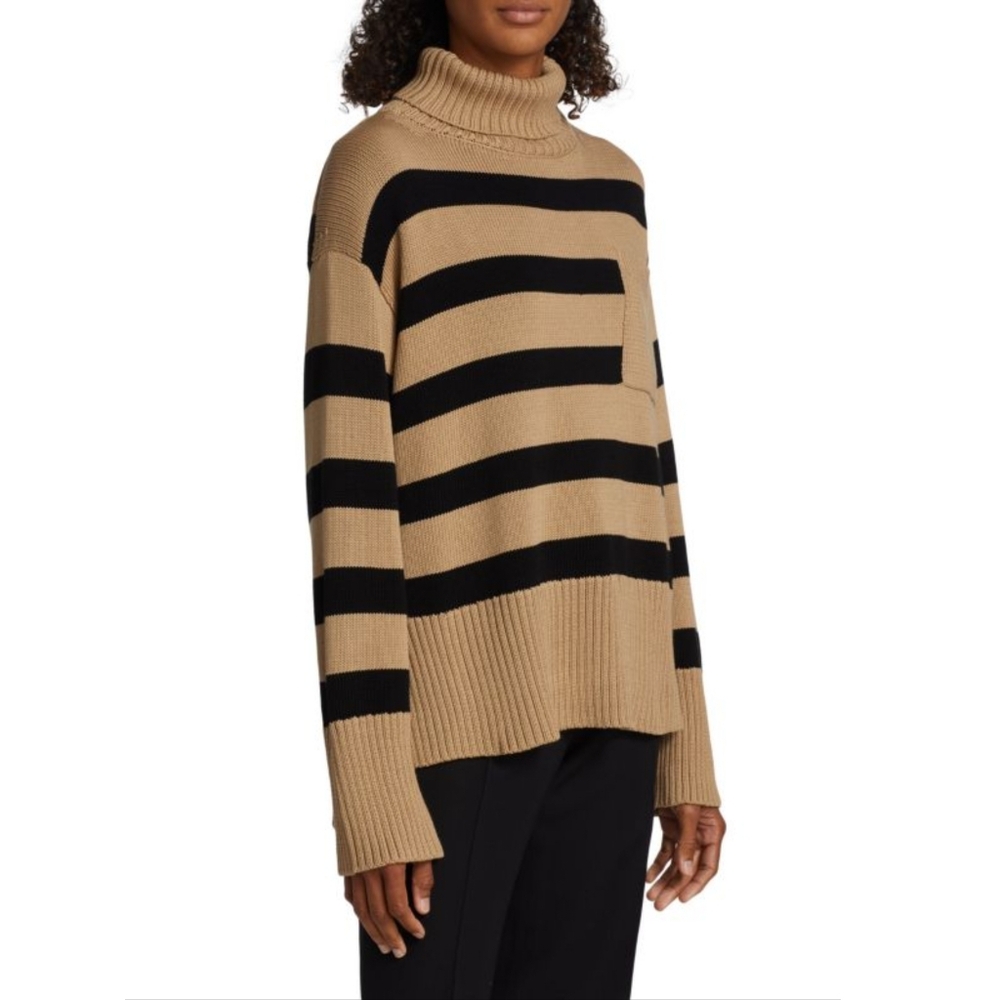 Lafayette 148 New York Cotton & Silk Stripe Turtleneck Oversized Sweater in Tan